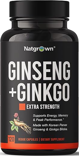 Complexo de Cápsulas de Ginseng Panax e Ginkgo Biloba com Ginseng Vermelho Coreano – 60 cápsulas – 100% natural e potente - Natgrown