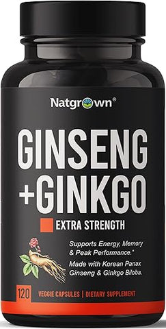 Complexo de Cápsulas de Ginseng Panax e Ginkgo Biloba com Ginseng Vermelho Coreano – 60 cápsulas – 100% natural e potente - Natgrown