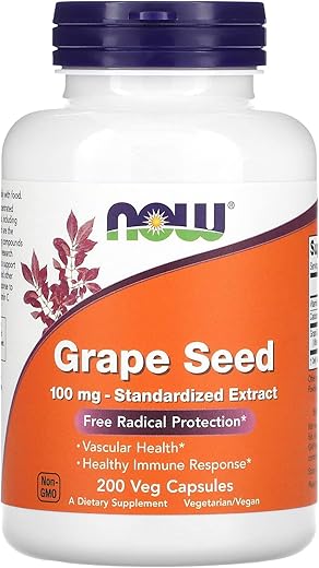 Suplementos, Semente de Uva 100 mg – Extrato Padronizado, Extrato Altamente Concentrado com no Mínimo 90% de Polifenóis, com Vitamina C, 200 Cápsulas Vegetais - NOW Foods