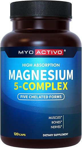 MyoActivo - Complexo de Magnésio 5 em 1 – Alta Absorção – Glicinato, Malato, Citrato e Taurato de Magnésio Quelado