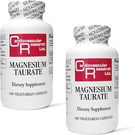 Magnesium Taurate – 125 mg de Magnésio Elemental – 180 Cápsulas Vegetarianas em Cada Frasco Lacrado – 2 Frascos – 360 Cápsulas Vegetarianas - Cardiovascular Research