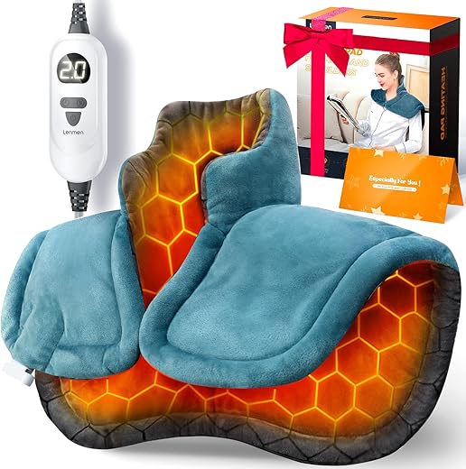 Lenmen - Aquecedor de Pescoço e Ombros com Grafeno para Alívio de Dor 3X Mais Profundo, Envoltório Aquecido com Peso e 6 Opções de Calor, Desligamento Automático, Presentes para Mãe Mulheres