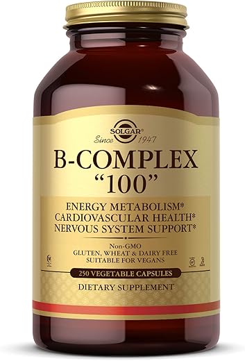 SOLGAR - Solgar B-Complex “100” – 250 Cápsulas Vegetais para Saúde do Coração e Sistema Nervoso – Suporte ao Metabolismo Energético – Livre de OGM, Vegano, Sem Glúten/Lactose, Kosher, Halal – 250 Porções