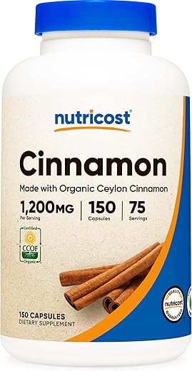 Canela Orgânica (Canela do Ceilão) 1.200mg por Porção, 150 Cápsulas – Livre de Glúten, Não-OGM - Nutricost