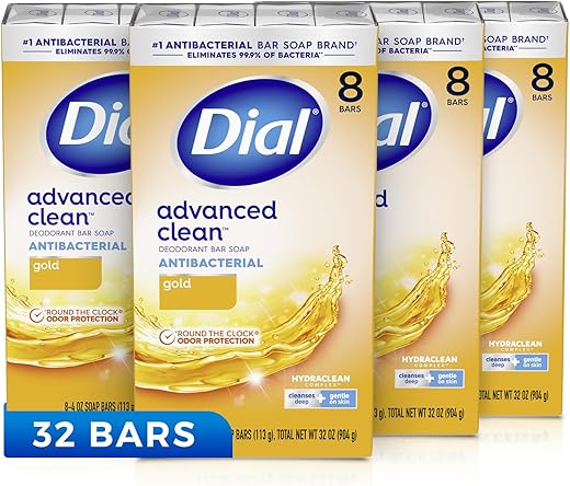 Sabonete em Barra Dial Antibacteriano Desodorante, Limpeza Avançada, Dourado, 113g, 32 Barras