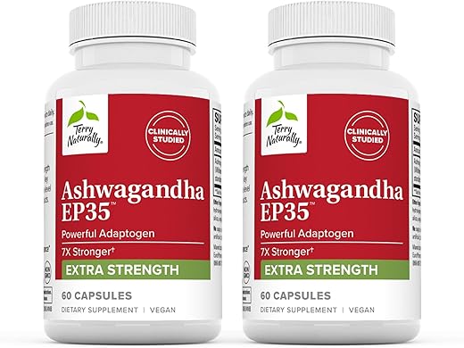 Ashwagandha EP35 Extra Strength – 60 Cápsulas, Pacote com 2 – Adaptógeno Poderoso – Não-OGM, Vegano – 120 Porções Totais - Terry Naturally