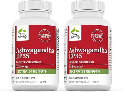 Ashwagandha EP35 Extra Strength – 60 Cápsulas, Pacote com 2 – Adaptógeno Poderoso – Não-OGM, Vegano – 120 Porções Totais - Terry Naturally