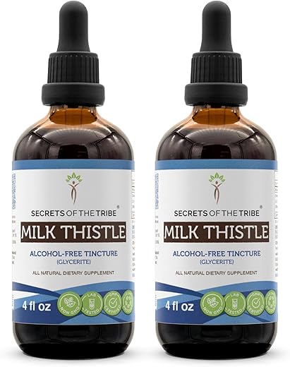 Secrets of the Tribe - Segredos da Tribo Extrato de Cardo Mariano em Tintura, Livre de Álcool, Alta Potência, Gotas Herbais, Tintura Feita a partir do Cardo Mariano Silybum marianum, Saúde do Fígado 2×120 ml