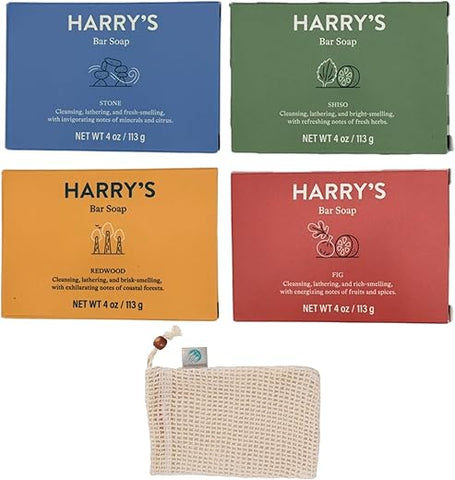 BLOSSOMABLE - Harrys Barra de Sabonete em Barra para Homens Bundle 4 unid Pedra, Shiso, Cedro Vermelho, Figo 4 g cada com Bolsa de Sabonete – Sabonete de Banho