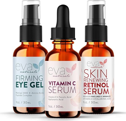Facelift em um Frasco – Conjunto Anti-Envelhecimento 3 em 1 com Soro de Retinol, Soro de Vitamina C e Gel para os Olhos – Reduz Rugas, Clareia Manchas Escuras e Trata Olheiras - Eva Naturals