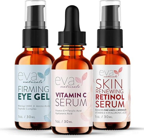 Facelift em um Frasco – Conjunto Anti-Envelhecimento 3 em 1 com Soro de Retinol, Soro de Vitamina C e Gel para os Olhos – Reduz Rugas, Clareia Manchas Escuras e Trata Olheiras - Eva Naturals