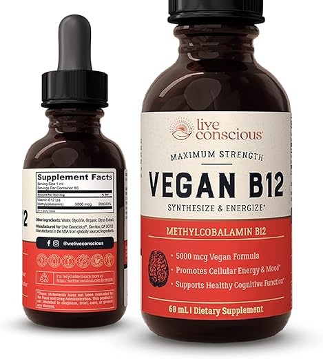 Vegan Vitamin B12 Sublingual Liquid Drops – Live Conscious: Fórmula Methylcobalamin Max Strength B12 5000mcg – Suporte Energético e Memória – 60ml