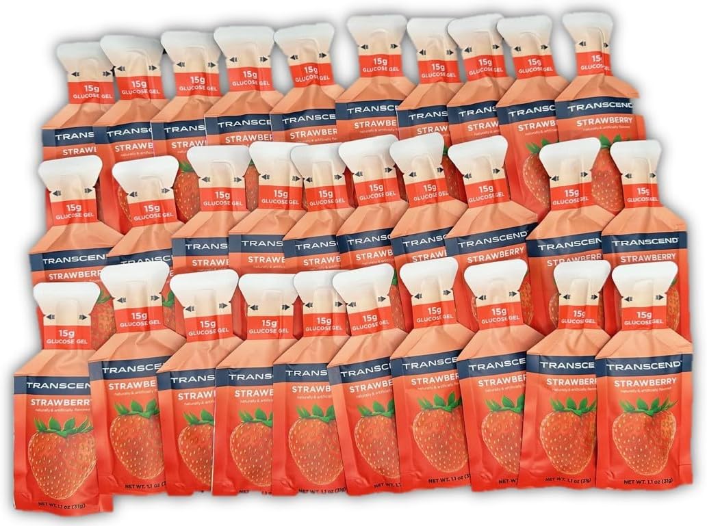Vitonus - Transcend Gel de Glicose Sabor Morango, 30 Pacotes de 1,1 Onças em Bolsa da Marca, 15g de Glicose de Ação Rápida por Pacote