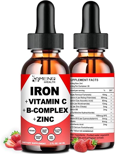 AMENQ hHEALTH - Suplemento Líquido de Ferro com Vitamina C, A, Complexo B – Gotas Veganas de Ferro de Alta Potência
