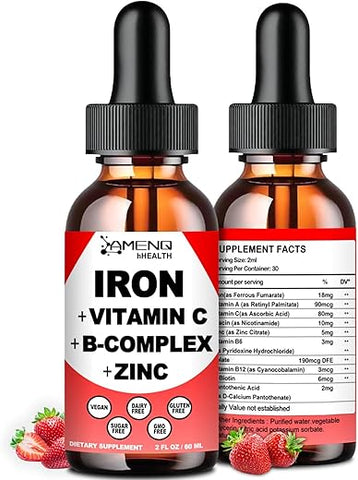 AMENQ hHEALTH - Suplemento Líquido de Ferro com Vitamina C, A, Complexo B – Gotas Veganas de Ferro de Alta Potência