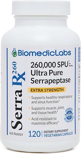 Biomedic Labs RX - Serra-RX 260,000 SU Serrapeptase – Enzima Sistêmica Proteolítica Resistente ao Ácido, Sem OGM, Sem Glúten, Vegano – Suporte para Sinusite e Imunidade