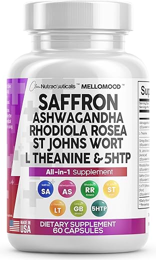 Clean Nutraceuticals - Clean Saffron Supplements com Ashwagandha 8000mg – Suporte ao Humor com L-Theanine 200mg, Ginkgo Biloba 6000mg, Hipérico 6000mg, Rhodiola Rosea 3000mg
