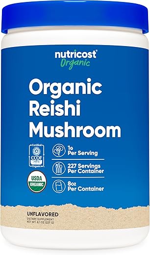 Pó de Cogumelo Reishi Orgânico 227g – Certificado USDA 100% Orgânico, Vegetariano, Não-OGM, Livre de Glúten - Nutricost