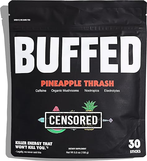 BUFFED - Pacotes de Pó Energético em Bastão, Mistura para Bebida | Pacotes de Estímulo Limpos e Saudáveis | Hidratação com 150mg de Cafeína | Nootrópicos, Cogumelos Orgânicos, Vitaminas B, Eletrólitos | 30 Pacotes de Abacaxi