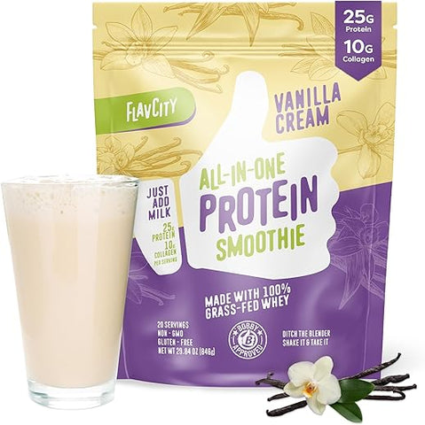 Smoothie Proteico em Pó, Baunilha – Smoothie de Proteína Whey 100% Grass-Fed com Colágeno (25g de Proteína) – Sem Glúten - FlavCity