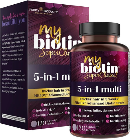 MyBiotin SuperClinical – Multivitamínico Elite 5 em 1 MB40X Biotin Matrix – Cabelos mais espessos em 3 semanas – 40X mais solúvel vs Cabelos Pele Unhas comuns - Purity Products