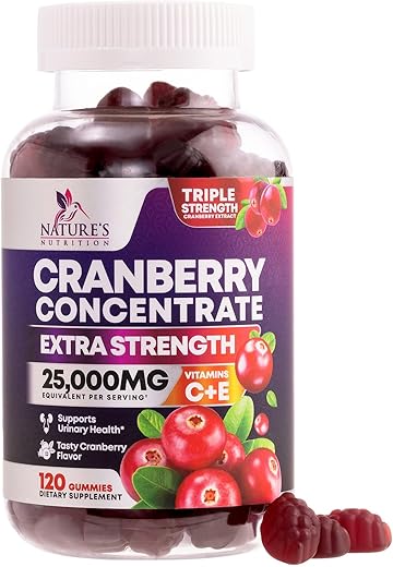Nature's Nutrition - Cranberry Gummies – Vitamina C em Goma para Saúde do Trato Urinário – 25.000mg – Concentrado Triplo de Cranberry em Comprimidos de Suplemento Extrato, Potência Máxima, Livre de GMO e Glúten – Marca Cranberry Gummies