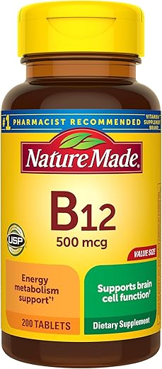 Vitamina B12 500 mcg, Suporte para Metabolismo Energético, 200 Comprimidos, Suprimento para 200 Dias - Nature Made