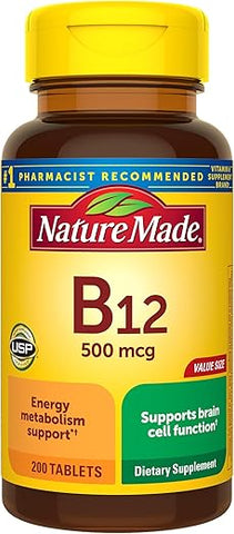 Vitamina B12 500 mcg, Suporte para Metabolismo Energético, 200 Comprimidos, Suprimento para 200 Dias - Nature Made