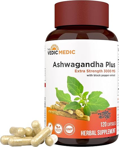 The Vedic Medic - Ashwagandha Orgânica Cápsulas Extra Forte 3000mg com Extrato de Pimenta Preta – Alívio do Estresse, Melhora do Humor, Suporte Energético – Não-OGM, Vegano, Sem Glúten (120)