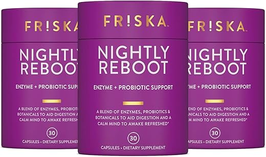 FR!SKA - FRISKA Nightly Reboot – Suplemento Enzimático e Probiótico para Melhor Digestão e Sono – Apoia a Saúde Intestinal para Homens e Mulheres – Melatonina, Camomila, 90 Cápsulas
