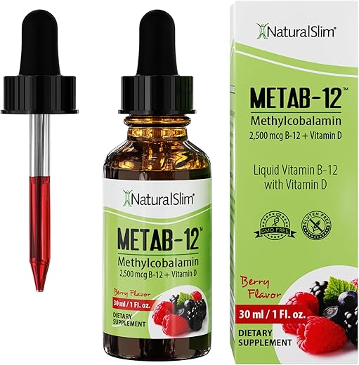 Metab-12 – Suplemento Sublingual de Vitamina B12 Líquida 2500 mcg com Gotas Orais de Vitamina D3 – B12 Methylcobalamin para Metabolismo - NaturalSlim