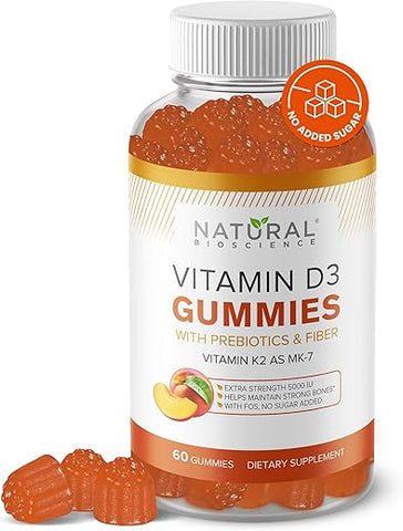 Natural BioScience - Gomas de Vitamina D3 K2 sem Açúcar – Gomas de Vitamina D3 5000 UI K2 MK7 80 mcg, Suplemento de Vitamina D K2 para Adultos, para Ossos, Imunidade, Coração, Humor, Sem Glúten, Não-OGM