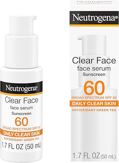 Protetor Solar Neutrogena Clear Face Serum com Chá Verde, FPS 60, Proteção UVA/UVB Leve, Não Comedogênico – 50g