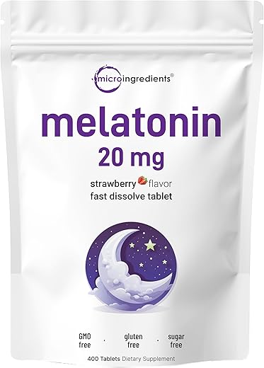 Melatonina 20mg Comprimidos, 400 Unidades, Sabor Natural de Morango, Dissolução Rápida | Sem Medicamentos, Amigável para Vegetarianos, Não-OGM - Micro Ingredients