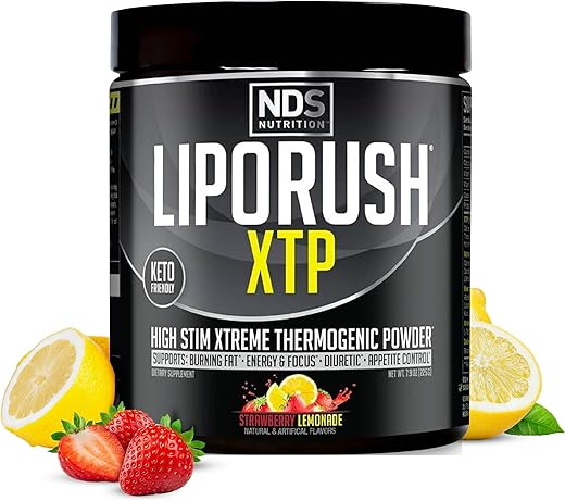 LIPORUSH - NDS Nutrition XTP Queimador de Gordura Termogênico com L-Carnitina – Energia, Foco e Controle de Apetite – Pó Termogênico Extremo para Perda de Peso – Morango Limonada (45g)