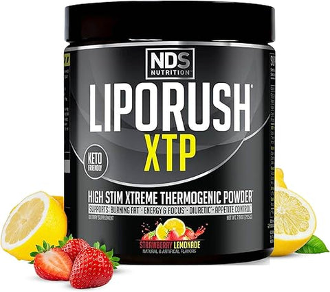 LIPORUSH - NDS Nutrition XTP Queimador de Gordura Termogênico com L-Carnitina – Energia, Foco e Controle de Apetite – Pó Termogênico Extremo para Perda de Peso – Morango Limonada (45g)