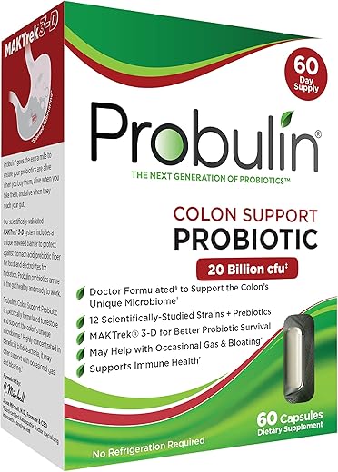 Colon Support – Suplemento Diário Probiótico Prebiótico para Saúde Intestinal – Gás e Inchaço Ocasional – 20 Bilhões de UFC – 12 Cepas – 60 Cápsulas Veganas - Probulin