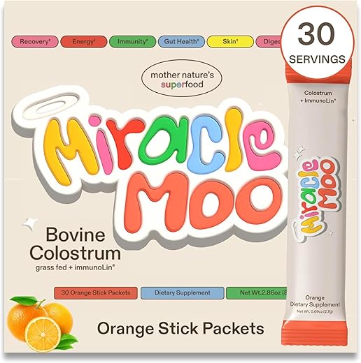 Miracle Moo - Suplemento de Colostro para Saúde Intestinal, Crescimento Capilar, Beleza e Suporte Imunológico – Pó Bovino de Pasto Fácil de Misturar – Maior IgG Plus ImmunoLin (30 Porções, Stick Packs), Laranja