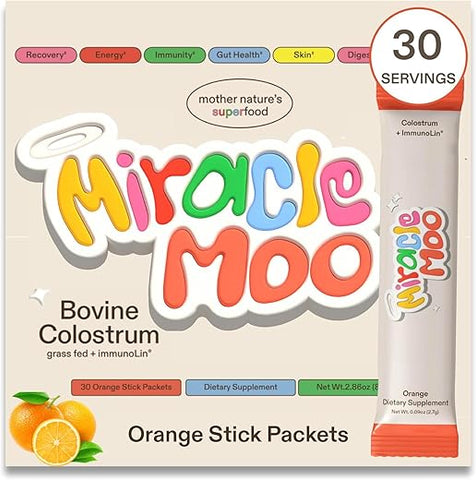 Miracle Moo - Suplemento de Colostro para Saúde Intestinal, Crescimento Capilar, Beleza e Suporte Imunológico – Pó Bovino de Pasto Fácil de Misturar – Maior IgG Plus ImmunoLin (30 Porções, Stick Packs), Laranja
