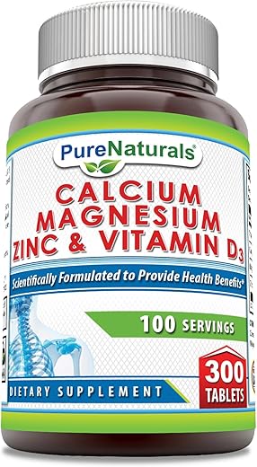 Suplemento de Cálcio Magnésio Zinco Vitamina D3 Pure Naturals | Cálcio 1000mg, Magnésio 400mg, Zinco 25mg, Vitamina D3 600 UI | Sem GMO | Sem Glúten (300 Comprimidos)