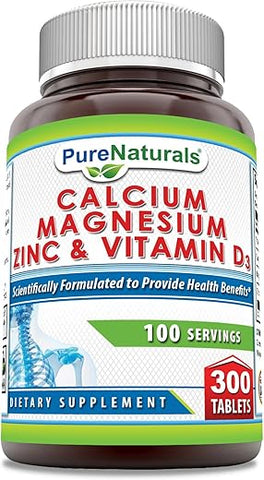 Suplemento de Cálcio Magnésio Zinco Vitamina D3 Pure Naturals | Cálcio 1000mg, Magnésio 400mg, Zinco 25mg, Vitamina D3 600 UI | Sem GMO | Sem Glúten (300 Comprimidos)