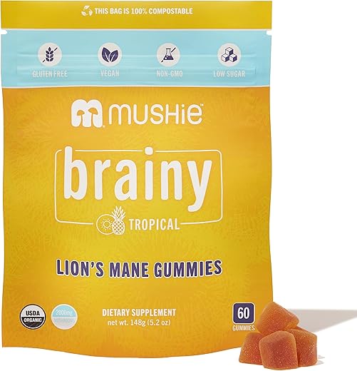 mushie - Mushie Gummies Orgânicos de Lion’s Mane – 60 Gummies, 2000mg de Cogumelos Lion’s Mane – Suporte para Cérebro, Cognição, Estresse, Memória e Imunidade com Vitamina D – Vegano, Sem Glúten
