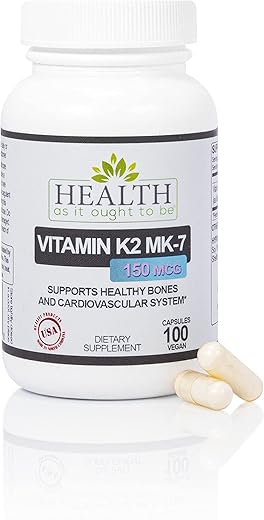Vitamina K2 MK7 150mcg Health As It Ought To Be | Com Vitamina D | Livre de Soja | Testado para Pureza e Potência | 100 Cápsulas