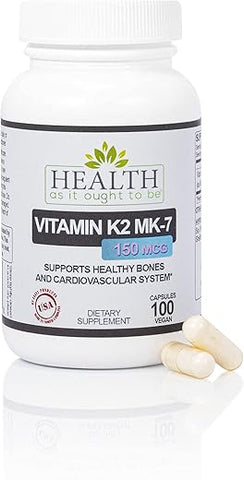 Vitamina K2 MK7 150mcg Health As It Ought To Be | Com Vitamina D | Livre de Soja | Testado para Pureza e Potência | 100 Cápsulas
