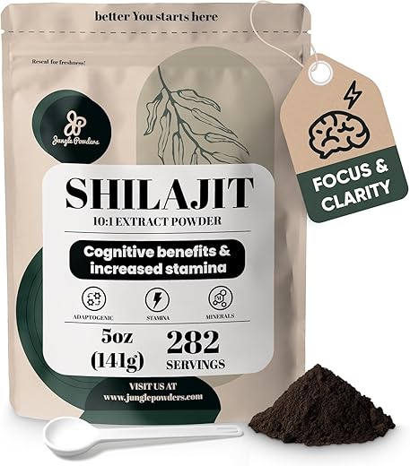 Jungle Powders - Shilajit em Pó para Homens 10:1 Extrato 141g 282 Porções Pó de Ácido Fúlvico, Suporte Imunológico e Energético, Composto Mineral para Homens Shilajit Cru