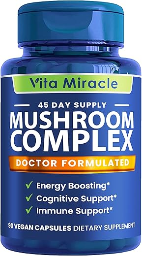 Vita Miracle - Cápsulas de Suplemento de Cogumelo – Complexo de 10 Cogumelos com Leão do Norte Cordyceps Shiitake Reishi – Suplementos de Cogumelos Naturais – Vitaminas Herbais em Cápsulas para Foco e Energia