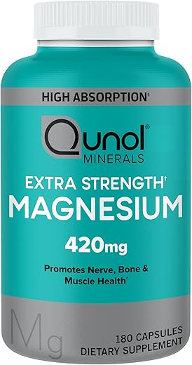 Cápsulas de Magnésio 420mg, 100%% VD, Suplemento de Magnésio de Alta Absorção, Extra Forte, Saúde Óssea e Muscular, 180 Unidades - Qunol