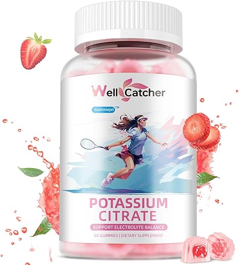 Wellcatcher - Potassium Citrate Gummies 500 MG – Gomas de Potássio para Adultos Homens Mulheres – Suporte ao Equilíbrio Eletrolítico, Cãibras nas Pernas – Vegano, Orgânico, Sem Açúcar – Sabor Morango