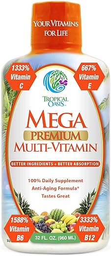 Tropical Oasis - Mega Premium Liquid Multivitamin | Suporte Natural à Imunidade com 1333%% de Vitamina C, 200%% de D3, Zinco 20 Vitaminas, 70 Minerais
