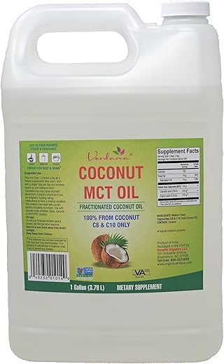 Óleo de Coco Verdana MCT Fracionado 100%% Puro – 1 Galão (3,785 litros) – Grau Alimentício Kosher, Vegano, Não-OGM – Ideal para Dietas Keto e Paleo, Enxaguante Bucal de Óleo para Oil Pulling (128 ml)